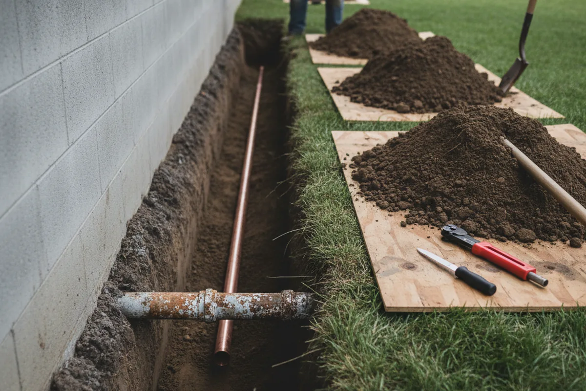 Excavated water line trench during Water Softener Installation in Salisbury